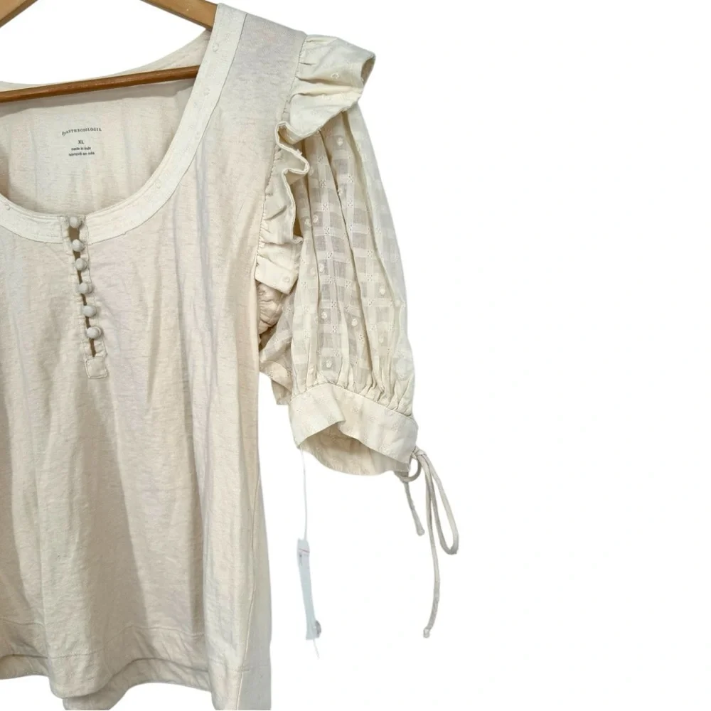 By Anthropologie Embroidered Elbow Puff-Sleeve Top size XL Cream Floral NWT